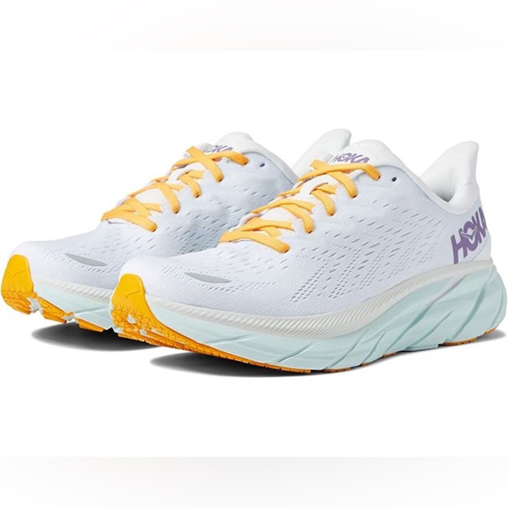 Hoka White Blue and Orange Clifton 8 Running Shoes